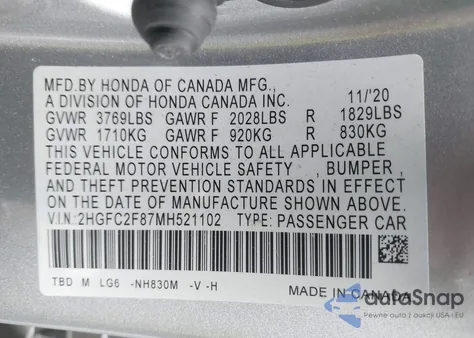 2021 Honda Civic Sport from USA, damaged, VIN 2HGFC2F87MH521102